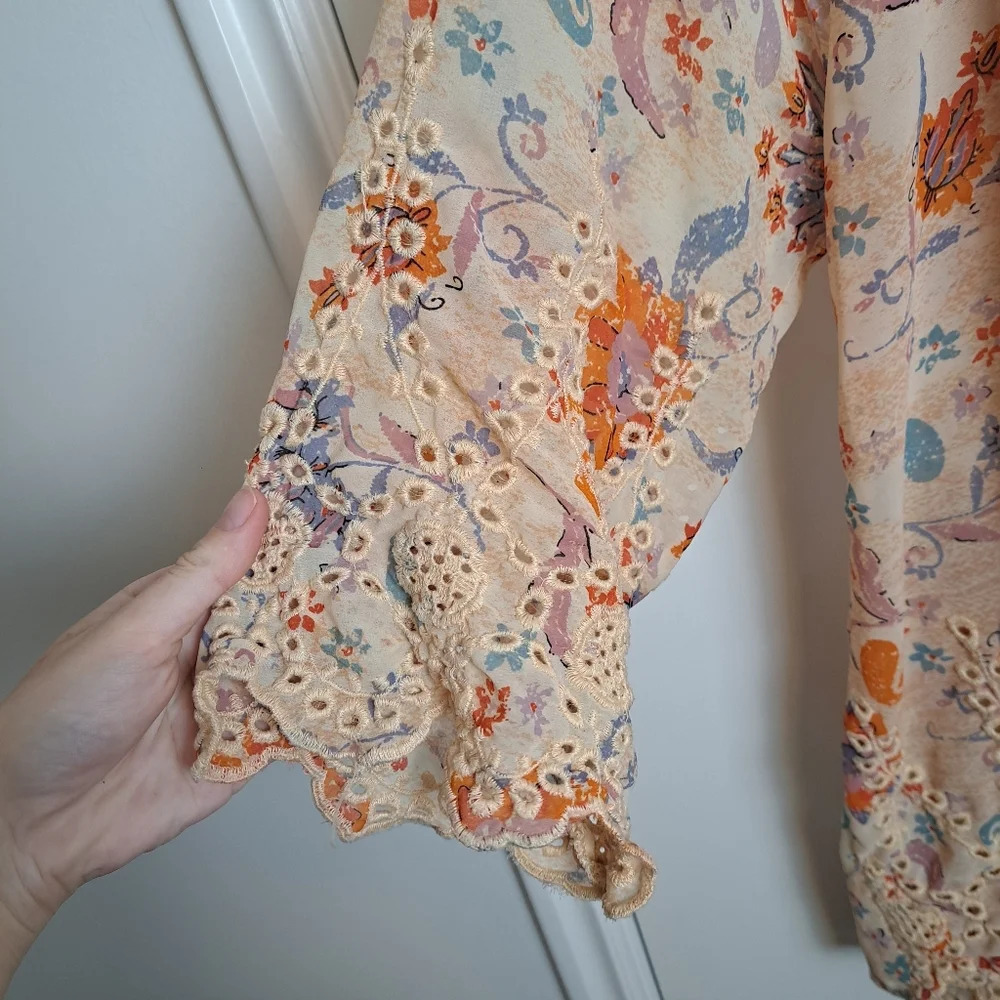 db Cream Orange Floral 3/4 Sleeve Crochet Scalloped Hem Sheer Fairy Top Sz 2X - Picture 4 of 7